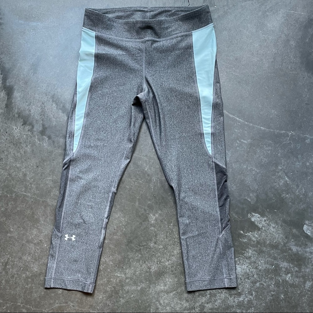 Grey cropped Under Armour workout leggings with bluish detailing